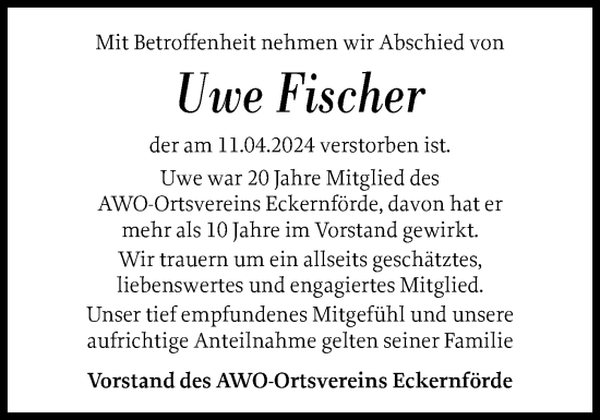 Traueranzeige von Uwe Fischer von Eckernförder Zeitung, Hallo Eckernförde