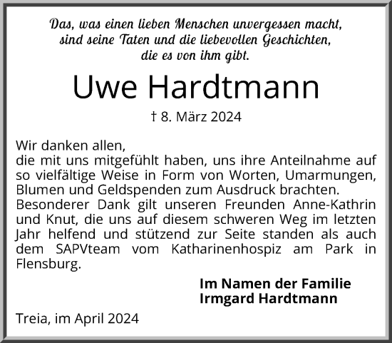 Traueranzeige von Uwe Hardtmann von Schleswiger Nachrichten, Schlei-Bote