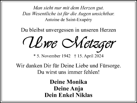 Traueranzeige von Uwe Metzger von Eckernförder Zeitung, Hallo Eckernförde