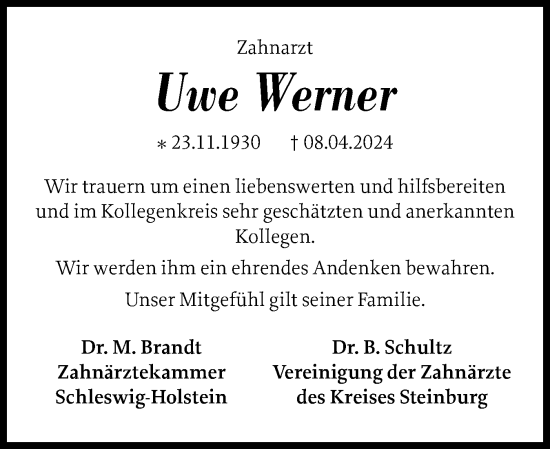 Traueranzeige von Uwe Werner von Norddeutsche Rundschau, Wilstersche Zeitung, Glückstädter Fortuna