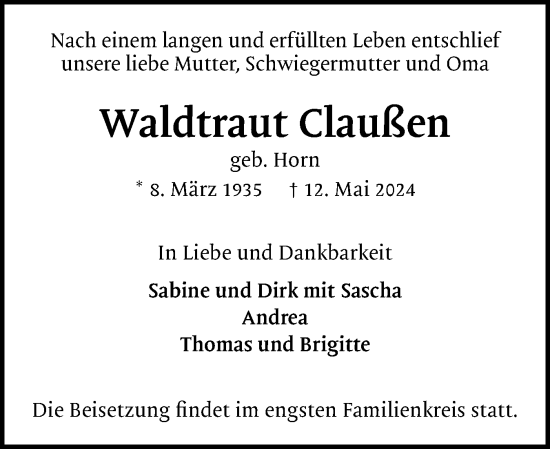 Traueranzeige von Waldtraut Claußen von Region Pinneberg und tip Pinneberg