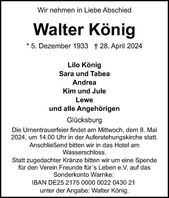 Traueranzeige von Walter König von Flensburger Tageblatt