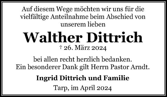 Traueranzeige von Walther Dittrich von Flensburger Tageblatt