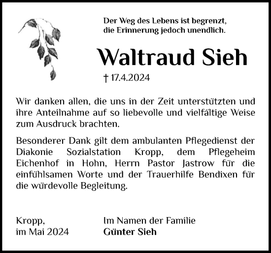 Traueranzeige von Waltraud Sieh von Schleswiger Nachrichten, Schlei-Bote