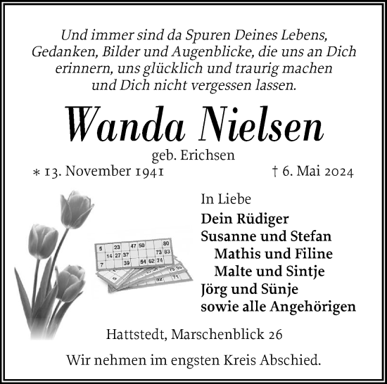 Traueranzeige von Wanda Nielsen von Husumer Nachrichten, Nordfriesland Tageblatt