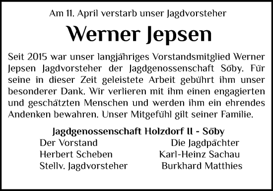 Traueranzeige von Werner Jepsen von Eckernförder Zeitung, Hallo Eckernförde