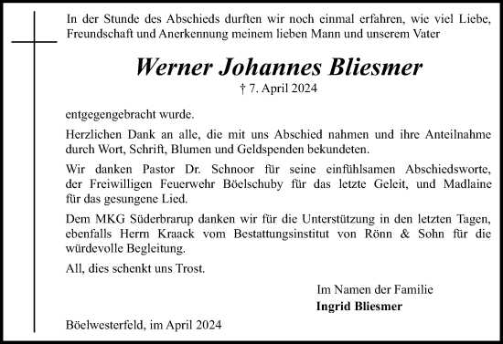 Traueranzeige von Werner Johannes Bliesmer von Flensburger Tageblatt, Schleswiger Nachrichten, Schlei-Bote