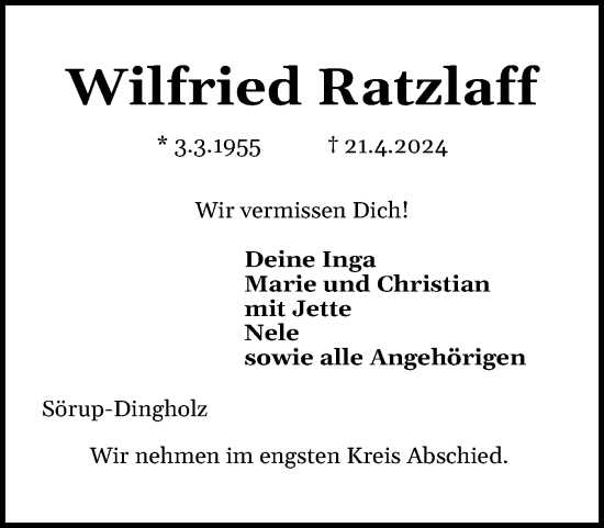 Traueranzeige von Wilfried Ratzlaff von Flensburger Tageblatt