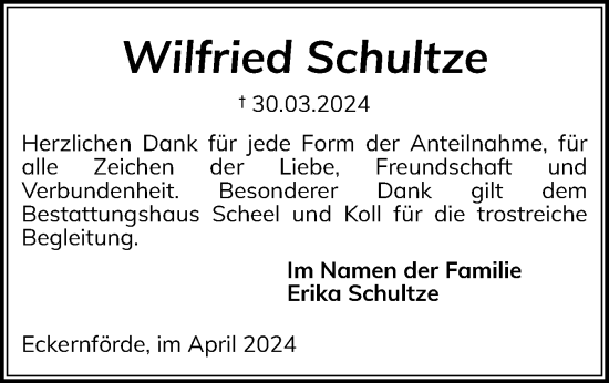 Traueranzeige von Wilfried Schultze von Eckernförder Zeitung, Hallo Eckernförde