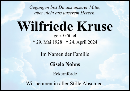 Traueranzeige von Wilfriede Kruse von Eckernförder Zeitung, Hallo Eckernförde