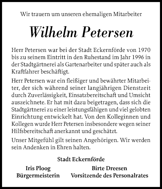Traueranzeige von Wilhelm Petersen von Eckernförder Zeitung, Hallo Eckernförde