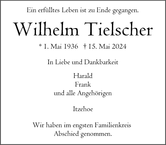 Traueranzeige von Wilhelm Tielscher von Norddeutsche Rundschau, Wilstersche Zeitung, Glückstädter Fortuna