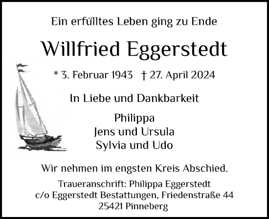 Traueranzeige von Willfried Eggerstedt von Region Pinneberg und tip Pinneberg