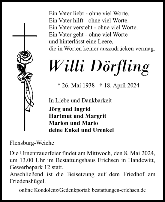 Traueranzeige von Willi Dörfling von Flensburger Tageblatt