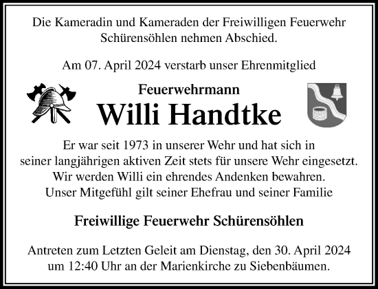 Traueranzeige von Willi Handtke von Stormaner Tageblatt