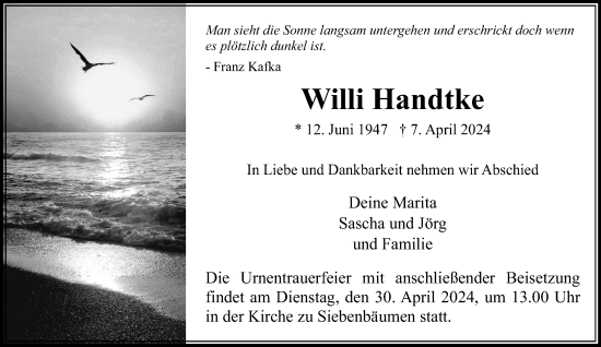 Traueranzeige von Willi Handtke von Stormaner Tageblatt