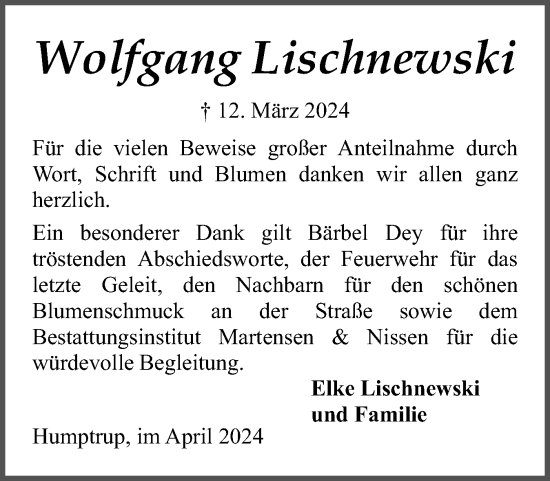 Traueranzeige von Wolfgang Lischnewski von Husumer Nachrichten, Nordfriesland Tageblatt