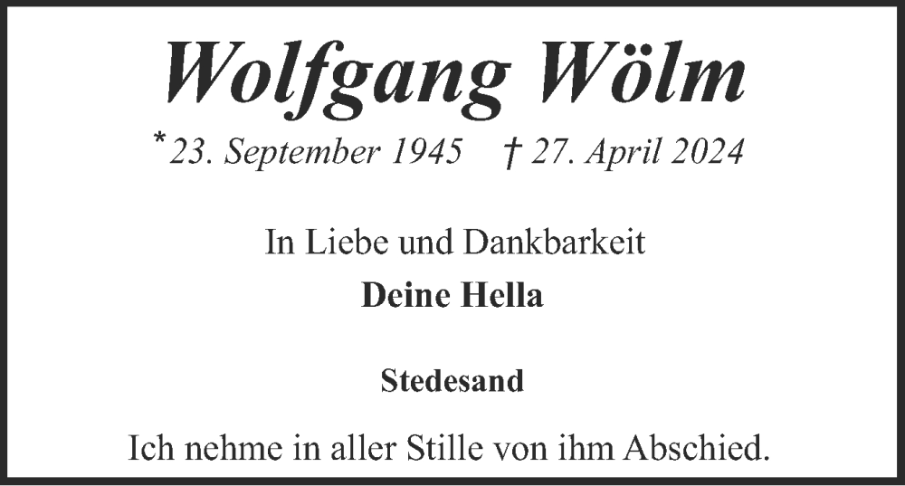  Traueranzeige für Wolfgang Wölm vom 06.05.2024 aus Husumer Nachrichten, Nordfriesland Tageblatt
