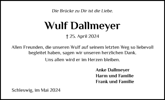 Traueranzeige von Wulf Dallmeyer von Schleswiger Nachrichten, Schlei-Bote