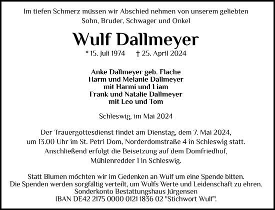 Traueranzeige von Wulf Dallmeyer von Schleswiger Nachrichten, Schlei-Bote