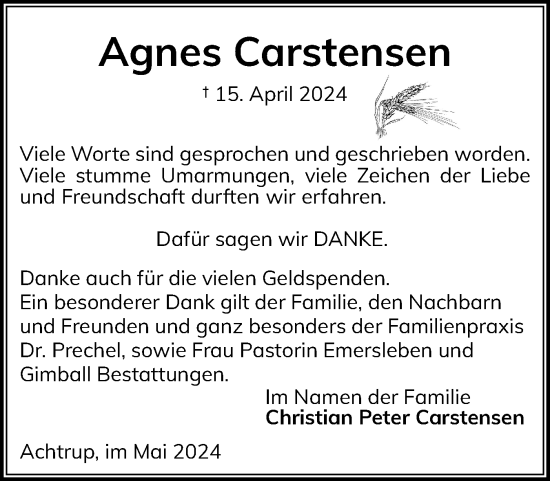 Traueranzeige von Agnes Carstensen von Husumer Nachrichten, Nordfriesland Tageblatt