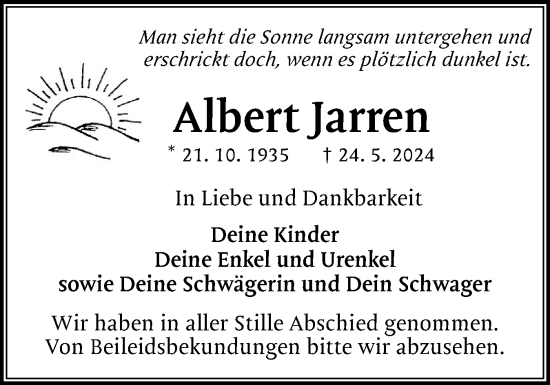 Traueranzeige von Albert Jarren von Region Pinneberg und tip Pinneberg