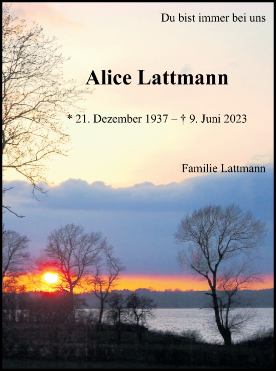 Traueranzeige von Alice Lattmann von Uetersener Nachrichten, Der tip am Wochenende
