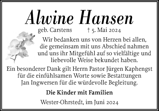 Traueranzeige von Alwine Hansen von Husumer Nachrichten, Nordfriesland Tageblatt