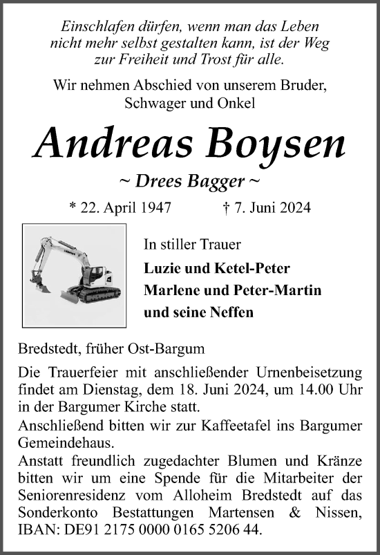 Traueranzeige von Andreas Boysen von Husumer Nachrichten, Nordfriesland Tageblatt
