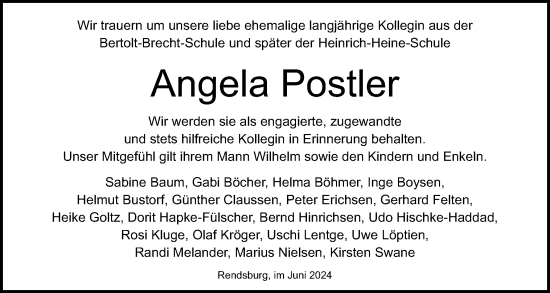 Traueranzeige von Angela Postler von Schleswig-Holsteinische Landeszeitung