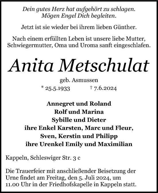 Traueranzeige von Anita Metschulat von Schleswiger Nachrichten, Schlei-Bote