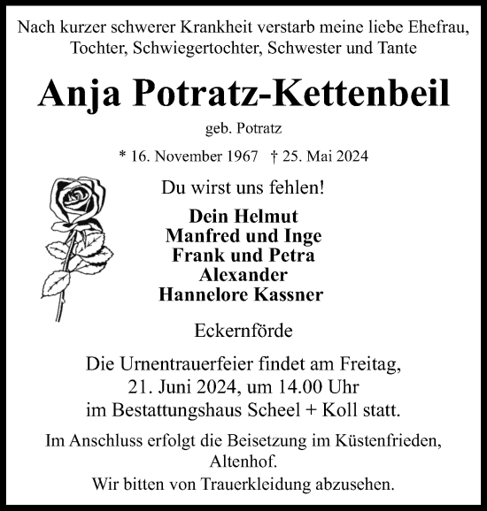 Traueranzeige von Anja Potratz-Kettenbeil von Eckernförder Zeitung, Hallo Eckernförde