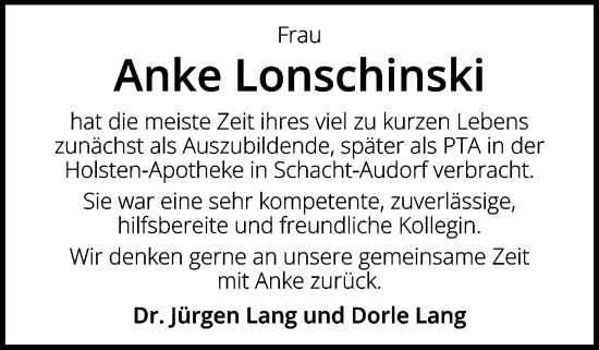 Traueranzeige von Anke Lonschinski von Schleswig-Holsteinische Landeszeitung