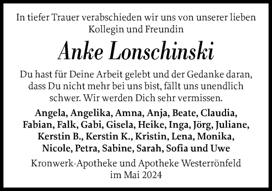 Traueranzeige von Anke Lonschinski von Schleswig-Holsteinische Landeszeitung