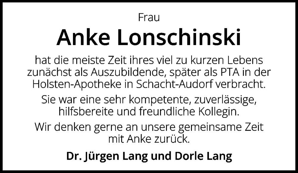  Traueranzeige für Anke Lonschinski vom 08.06.2024 aus Schleswig-Holsteinische Landeszeitung
