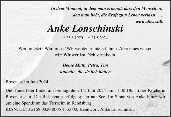 Traueranzeige von Anke Lonschinski von Schleswig-Holsteinische Landeszeitung