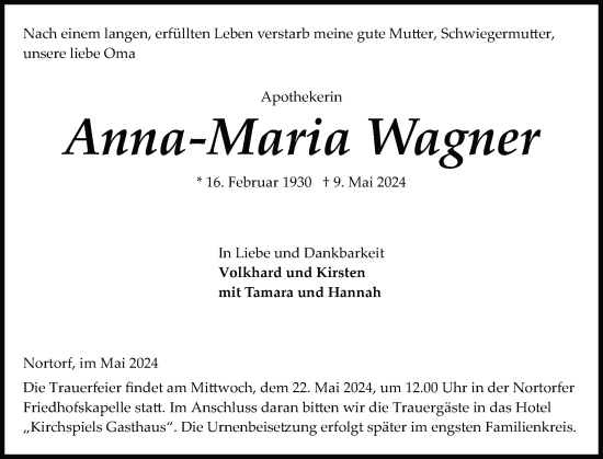 Traueranzeige von Anna-Maria Wagner von Schleswig-Holsteinische Landeszeitung