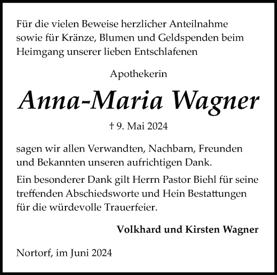 Traueranzeige von Anna-Maria Wagner von Schleswig-Holsteinische Landeszeitung
