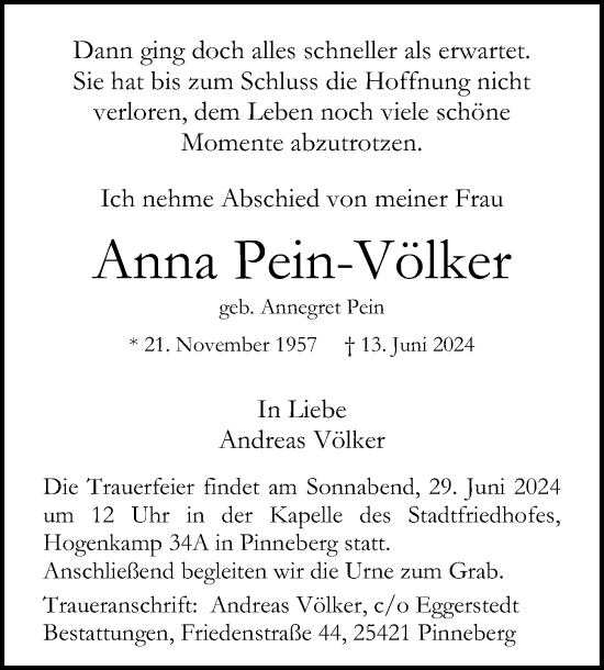 Traueranzeige von Anna Pein-Völker von Region Pinneberg und tip Pinneberg