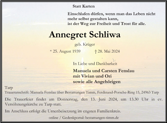 Traueranzeige von Annegret Schliwa von Flensburger Tageblatt, Schleswiger Nachrichten, Schlei-Bote