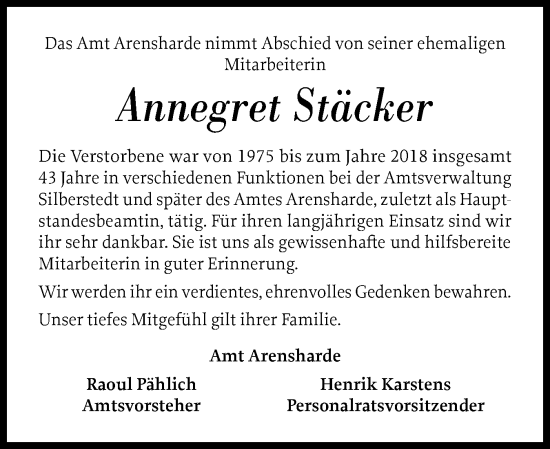 Traueranzeige von Annegret Stäcker von Schleswiger Nachrichten, Schlei-Bote
