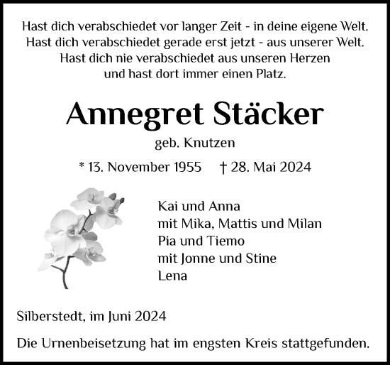 Traueranzeige von Annegret Stäcker von Schleswiger Nachrichten, Schlei-Bote