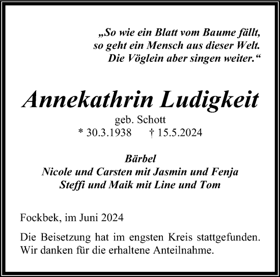 Traueranzeige von Annekathrin Ludigkeit von Schleswig-Holsteinische Landeszeitung