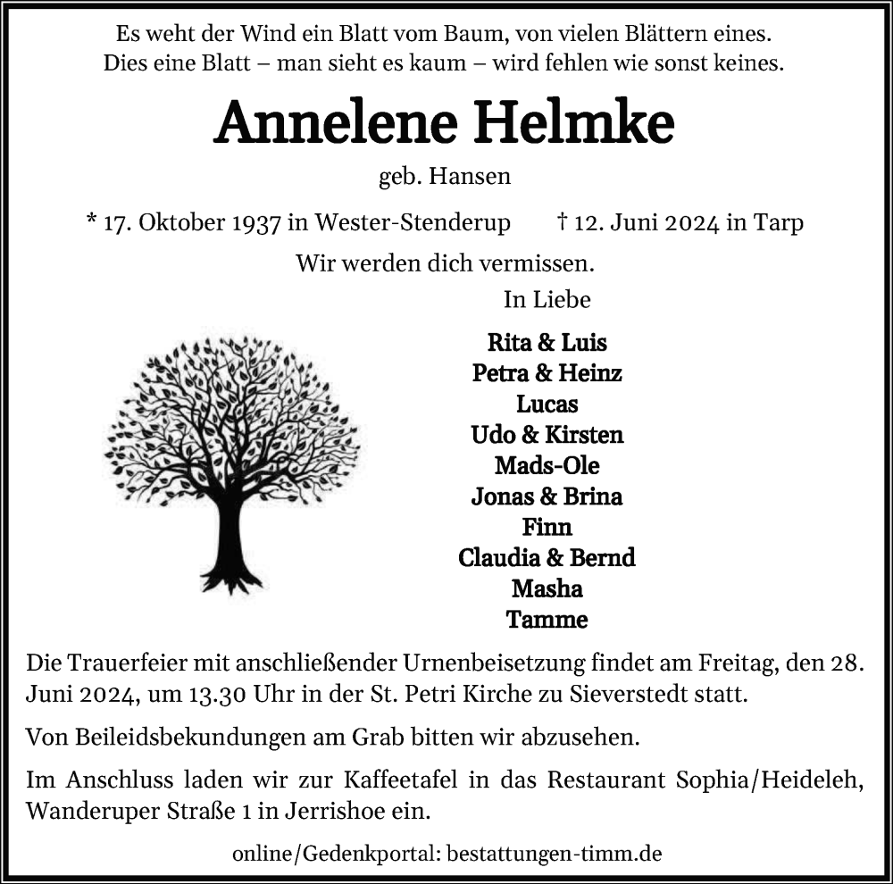  Traueranzeige für Annelene Helmke vom 22.06.2024 aus Flensburger Tageblatt