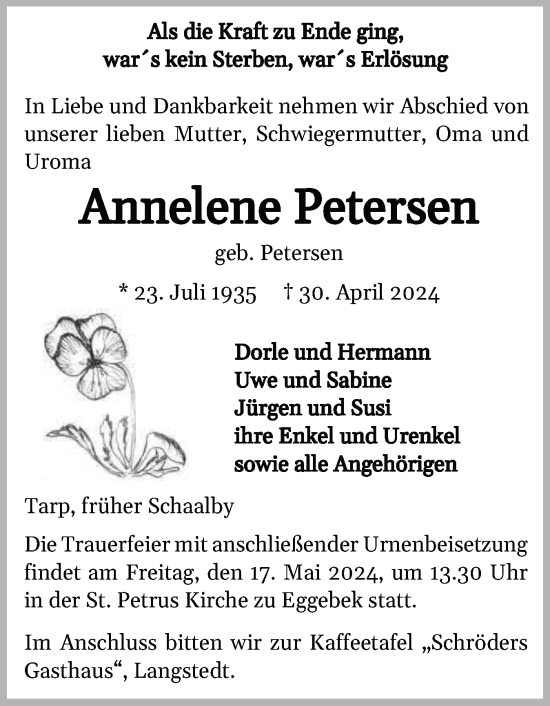 Traueranzeige von Annelene Petersen von Schleswiger Nachrichten, Schlei-Bote