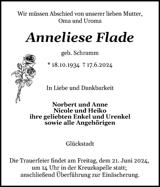 Traueranzeige von Anneliese Flade von Norddeutsche Rundschau, Wilstersche Zeitung, Glückstädter Fortuna