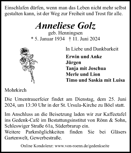 Traueranzeige von Anneliese Golz von Flensburger Tageblatt, Schleswiger Nachrichten, Schlei-Bote