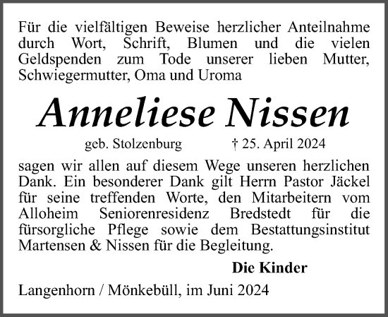 Traueranzeige von Anneliese Nissen von Husumer Nachrichten, Nordfriesland Tageblatt