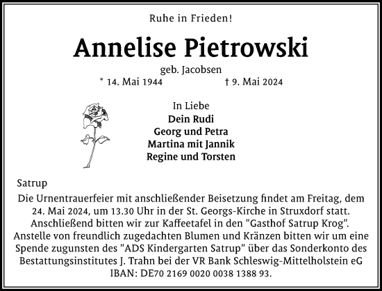 Traueranzeige von Annelise Pietrowski von Schleswiger Nachrichten, Schlei-Bote