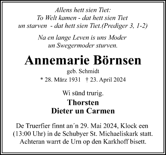 Traueranzeige von Annemarie Börnsen von Schleswiger Nachrichten, Schlei-Bote